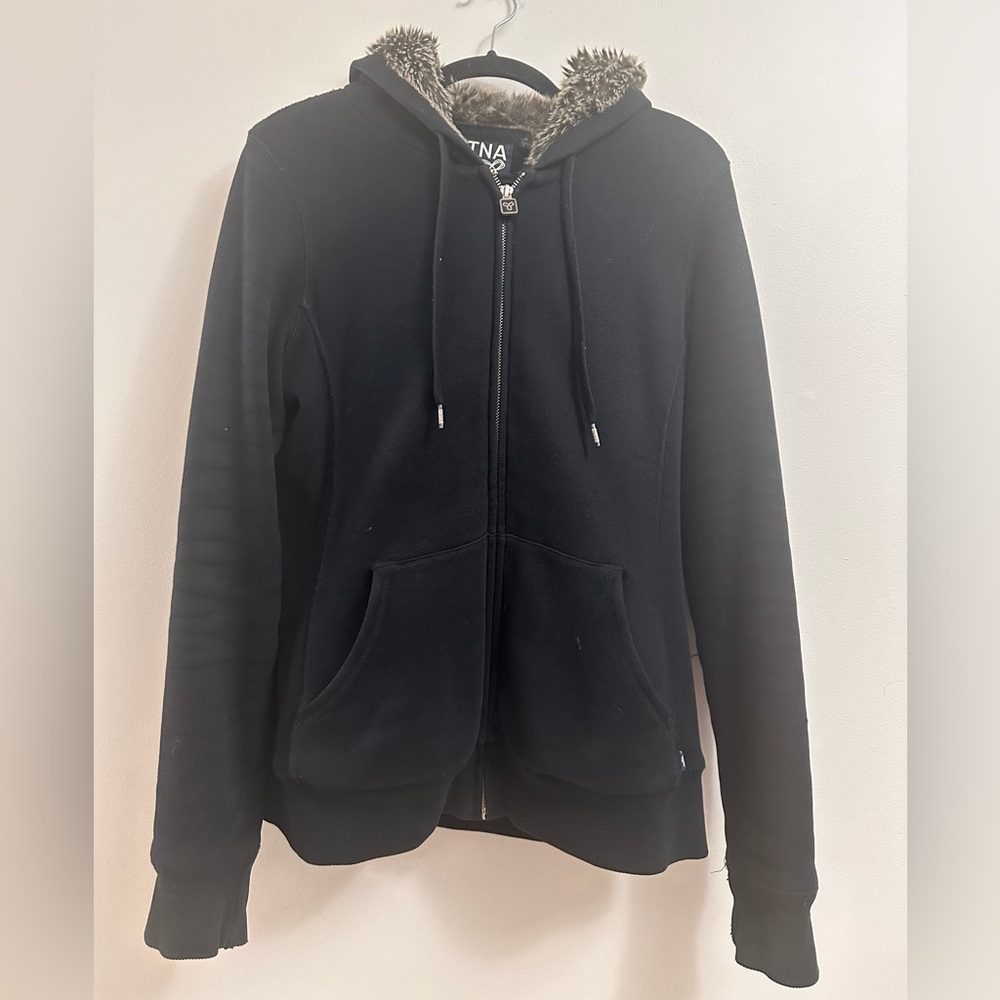 Womens ARITZIA TNA Hoodie with Faux Fur SZ L Black Full Zipper & Pockets. - Picture 5 of 13